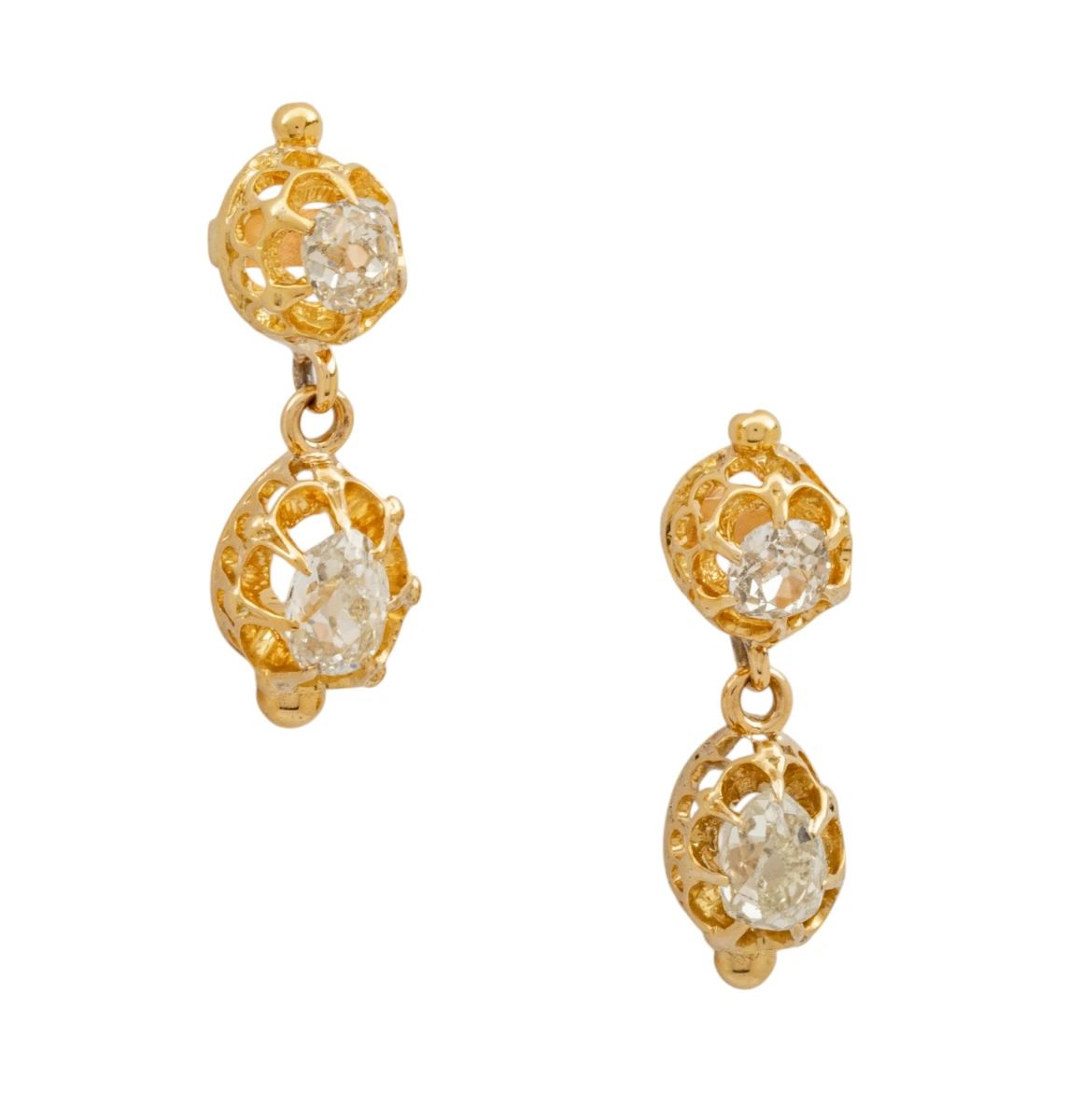 Lot 1 18K and 14K Yellow Gold Diamond Earrings, Old Mine Cut and Pear Shape 5.8 grams 1 PAIR