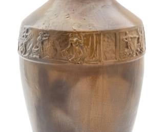 Lot 1213 Mary Chase Perry, Monumental Pewabic Pottery Cast Brown Vase with Relief, 1913, H 23.5", Dia 13"