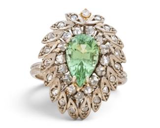 Lot 9 18k White Gold, Tourmaline, and Diamond Ring Size 8.5 7.6 grams