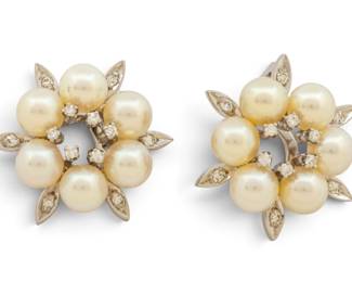 Lot 4 14k White Gold, Pearl, and Diamond Ear Clips H 1.125" 14.3 grams 1 PAIR