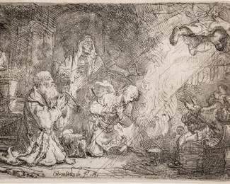 Lot 1012 Rembrandt Van Rijn (Dutch, 1606-1669) Engraving and Drypoint on Laid Paper, Without Watermark 1641, 'The Angel Departing from the Family of Tobias', H