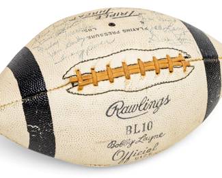 Lot 167 Detroit Lions 1957 Championship Team Signed Football, 'Bobby Layne Apology Ball to the Stadium Bar', W 5.5" L 11.5"