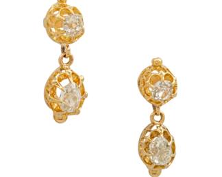 Lot 1 18K and 14K Yellow Gold Diamond Earrings, Old Mine Cut and Pear Shape 5.8 grams 1 PAIR