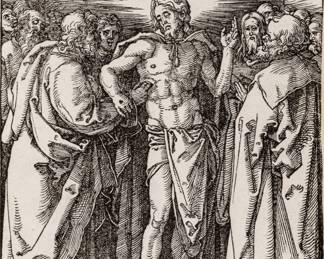 Lot 1014 Albrecht Durer (German, 1471-1528) Woodcut on Laid Paper, with Watermark 1509-11, 'The Incredulity of Thomas', H 5.125" W 3.9"