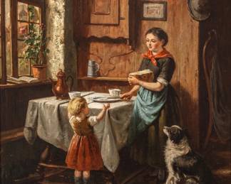 Lot 1003 Jan Walraven (Dutch, B. 1827) Golden Age Style Oil on Canvas, a Dutch Interior with Mother, Child and a Dog at the Dinner Table, 19th C., H 24" W 20"