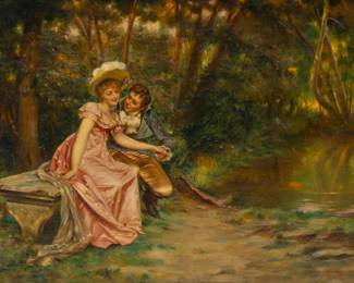 Lot 1000 Frederic Soulacroix (French, 1858-1933) Oil on Canvas, Ca. 19th C., 'Courtship', H 15.75" W 19.75"