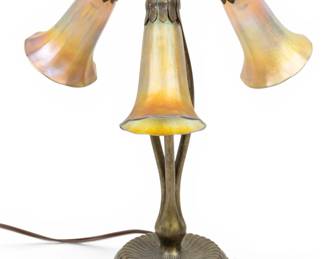 Lot 47 Tiffany Studios (American, 1878-1938) Art Glass and Bronze Three Light Lily Lamp H 12.5" Dia. 8"