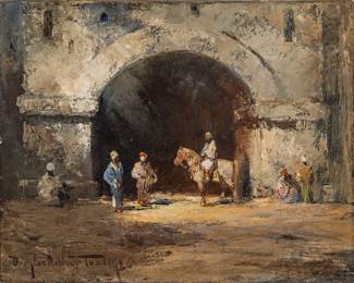 Lot 1007 Douglas Arthur Teed (American, 1863-1929) Oil on Canvas 1926, 'Guard at an Etruscan Gate, Perugia, Italy', H 16" W 21" 1 PC