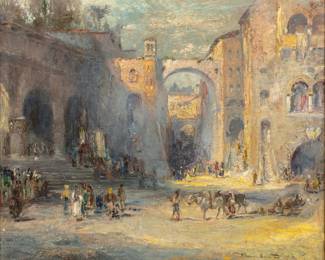 Lot 1008 Douglas Arthur Teed (American, 1863-1929) Oil on Canvas, 1918, 'The Flying Arch, Perugia, Italy', H 22" W 27"