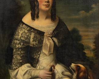 Lot 1004 English Oil on Canvas Portrait of a Woman with King Charles Spaniel 1840-1860, H 36" W 28"