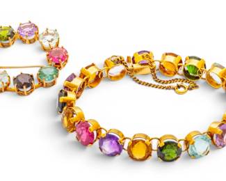 Lot 6 18k Yellow Gold and Gem Set Brooch and Bracelet 31.3 grams 2 PCS