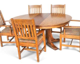 Lot 125 Stickley (American) Mission Style Oak Table with Leaf and Five Armchairs Late 20th C., 7 PCS