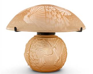 Lot 48 Muller Frères (French, 1895-1933) Art Deco Peach-tone Uraline Glass 'Aux Paons' Table Lamp, Ca. 1925-30, H 15.5" Dia. 17.5"