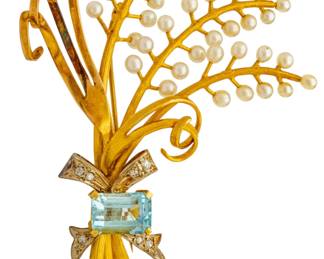 Lot 7 18k Yellow Gold, Aquamarine, Diamond, and Seed Pearl Brooch H 2.5" L 3.5" 24.3 grams