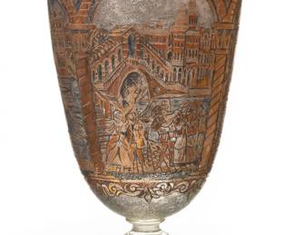 Lot 46 Bruno Bertoldini (Brueber) (Italian, B. 1931) Mid-Century Modern Murano Chiseled and Acid Etched Glass with Fired Gold and Enamel Monumental Vase 1960