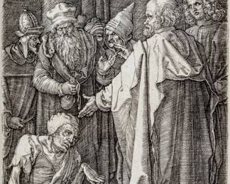 Lot 1013 Albrecht Durer (German, 1471-1528) Engraving on Laid Paper, Without Watermark 1513, 'Saint Peter and Saint John Healing the Cripple at the Gate of the