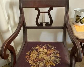 SKU FR402. Wooden upholstered chair - 33.5 x 21 x 21 - see additional photos for wear