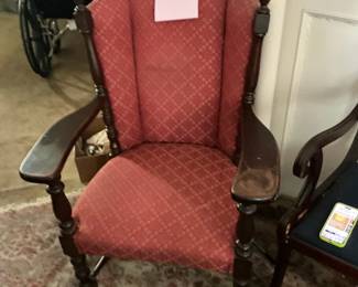 SKU FR400. Wooden and red upholstered chair - 43 x 29.25 x 29.5 - see additional photos for wear/tear