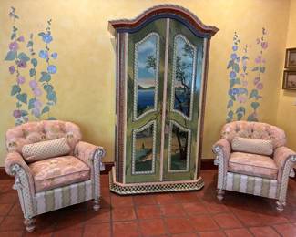 Retired MacKenzie Childs armoire and 2 upholstered armchairs