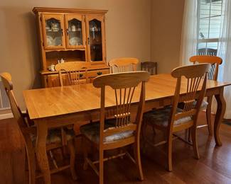 Natural Oak Dining Room Table and Chair Set with China Cabinet
