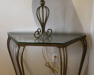 Wrought Iron and Glass Foyer Table; Iron Table Lamp