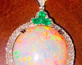 Large opal and emerald necklace with diamonds and platinum