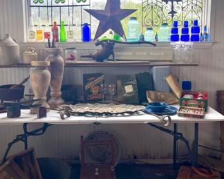 VINTAGE GLASS BOTTLES, ANTIQUE SAUSAGE STUFFER, CAST IRON