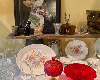 VINTAGE GLASSWARE, AMBERINA, FRAMED DEER ART