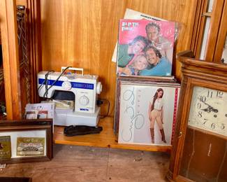 WHITE SEWING MACHINE, RECORDS, FRAMED WHISKEY LABELS