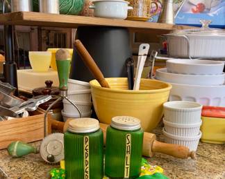 VINTAGE GREEN HANDLE UTENSILS, VINTAGE RIBBED GREEN GLASS SALT/PEPPER SHAKERS