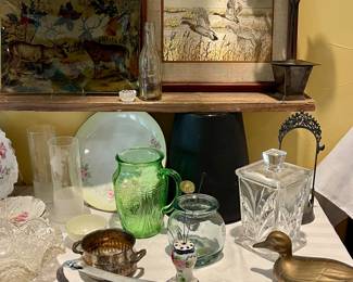 GREEN DEPRESSION GLASS PITCHER, CRYSTAL, GLASSWARE, VINTAGE HAT PINS, BRASS DUCK