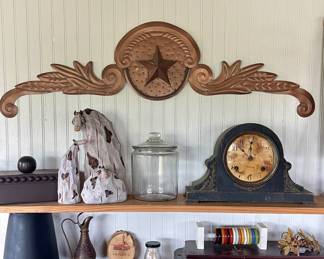 ANTIQUE MANTLE CLOCK, WOOD STAR SCROLL, HORSE DECOR