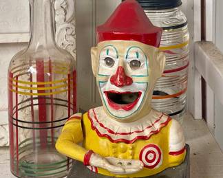 MCM STRIPED BOTTLES, VINTAGE CLOWN BANK