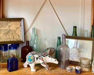 NATIVE AMERICAN ACOMA HAND PAINTED BEAR, OLD BOTTLES, DEER ART