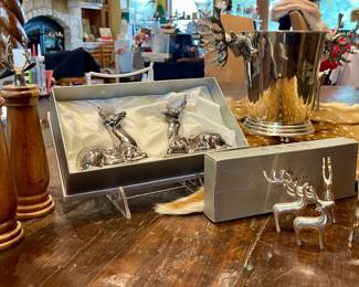 PEWTER STAG DEER ICE BUCKET, DEER SALT/PEPPER, AND  DEER PLACECARD HOLDERS