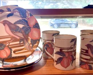 FITZ AND FLOYD “NIGHTINGALE” SNACK PLATES AND CUPS