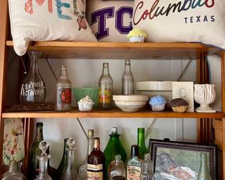 ANTIQUE BOTTLES, JADEITE BOWL, CROCK BOWLS, NEW PILLOWS