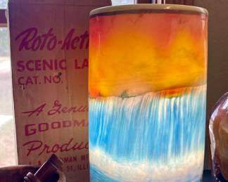 VINTAGE ROTO ACTION SCENIC LAMP WITH ORIGINAL BOX