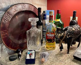 BARWARE, METAL BRAND SERVING TRAY, CRYSAL DECANTER
