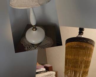 Vintage White ceramic & brass accented table lamp, Classic Mid-Century with gourd-shaped body & flared cream shade with subtle floral damask patter (2 available); Vintage Amber Beaded Fringe Accent Lamp, Art Deco/Revival/Boho-chic, ornate heavy cast metal antique bronze finish with cylindrical drum shade adorned with amber beads cascading to teardrop ends.