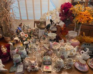 Vintage collectibles, vases, music boxes, figurines, tea pots, cup/saucer sets, trinket boxes, bells, prescription glasses, pocket mirrors & pill boxes; zoom for detail