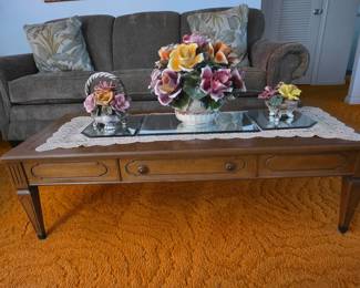 Vintage Mersman coffee table (previously pictured in living room group); atop is a hand crocheted runner, 3-pc mirror set and 3 pc N Capodimonte Made in Italy parlor set; Circa 1950's - 1970's; beautiful set with hand formed/applied roses.