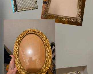 Collection of Vintage Mid-Century frames; large metal filigree "grannycore",  5x7 metal, gold-tone with ribbed edges and ornate corners, roughly 8x10 oval wood or heavy molded composition featuring a "Victorian sculpted oak leaf and acorn relief pattern" & a dark textured backing covers rear panel; 3 pc set (sample pictured) 2 5x7 & 1 8x10 1972 IIC USA Gallery Wall Lot, lightweight, with ornate gold faux-carved wood scroll edges