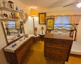 Vintage "Ward" 4 pc bedroom set; King headboard & frame to fit dual Twin XL beds,  and various Vintage decor