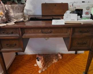 Sewing machine table & Singer Scholastic Sewing machine; note, sewing machine is NOT the model that sits in the table; large ceramic Pekingese