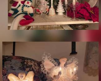 Indoor Christmas decor; floral arrangements, candelabras, formed candles, hand crafted crocheted wreath, knitted dolls, trivet, bell, glass reindeer; 2 vintage, lighted Angel tree toppers/table displays each with delicate designed lace skirts with candle lights in each hand