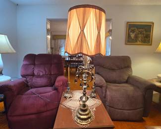 Vintage lamp collection; Lazy-boy "James Silver" Power Lift Recliner, Color "Mink"; Golden Technologies MaxiComfort Power Lift & Recline Chair, Color, Burgundy, features multi-position and heat/message