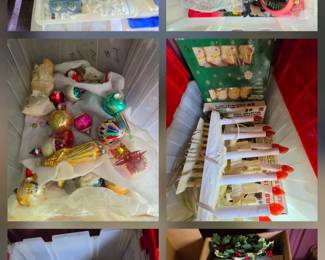 Tote of Vintage glass Radko-like ornaments; Tote full of Hallmark collector motion ornaments; 4 boxed Vintage NOMA electric hurricane lamps with added holly leaf accents; 5 boxed Vintage "Bubble" lights with replacement bulbs;  Tote of asst indoor light sets & electric candalabras; (not picture) is 2 totes of outdoor lighting cords, strips, flood light spikes & other misc. decor, 