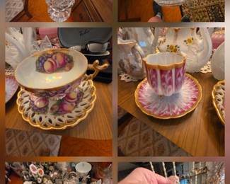 Large pressed glass vase with golden florals; roughly 6" crystal vase; Chubu China footed demitasse cup & saucer set, Occupied Japan 1945-1952, accented with texturized gold gilt; 1975 "Stuckey's" vintage iridescent fruit cup and pierced saucer set; Vintage Yugoslavian Gold Glass Dinner Bell by SFS Paracin, 1970's, featuring a metallic gold flash finish and delicate acid-etched floral and leaf motif. Lead crystal dinner bell "Byrdes" with etched bird motif inside a molded frame surrounded by geometric cuts.