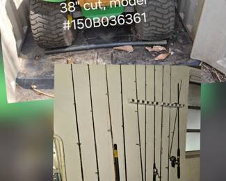 John Deere LT150 mower as noted "for parts", seat in good condition, new bumper part  & service kit (not pictured) available; selection of fresh water fishing rods/reels, premium brands